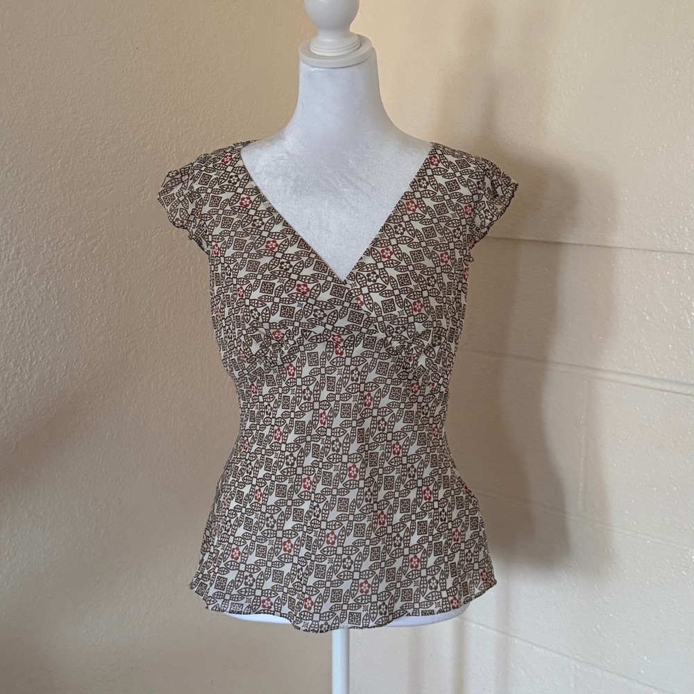 Ann Taylor LOFT Top Womens 8P White Brown‎ Geometric Floral Office Retro